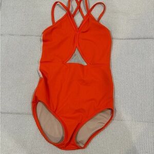 Bold Orange One Piece with Geometric Strap Design